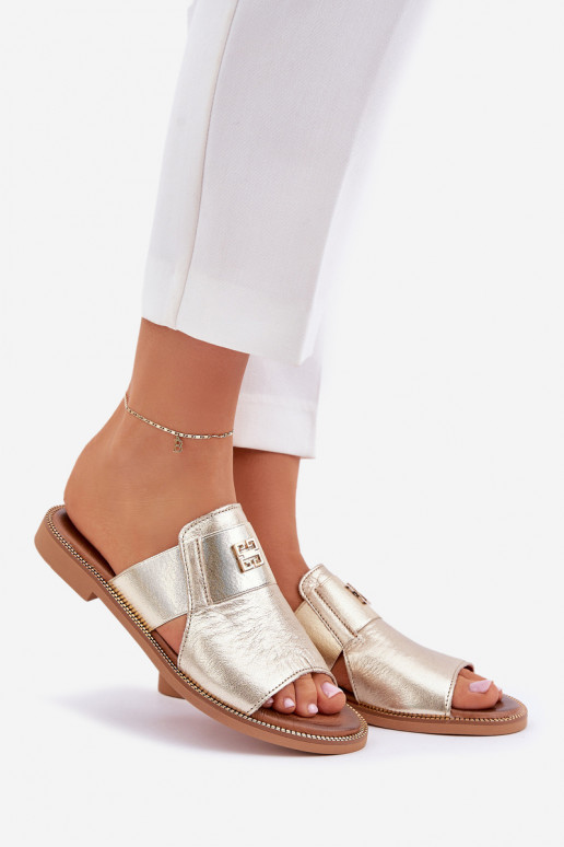 Estilo elegante Chinelos Feito de couro natural com salto largo Zazoo 40423 cor dourada Estilo elegante Chinelos Feito de couro natural com salto largo Zazoo 40423 cor dourada