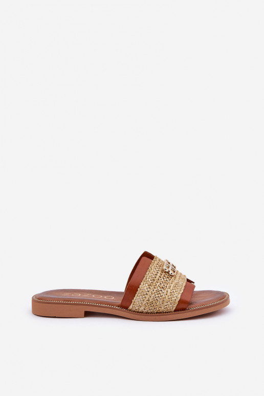 Chinelos de couro Com decorações Detalem I Plecionką Zazoo 40426 cor marrom Chinelos de couro Com decorações Detalem I Plecionką Zazoo 40426 cor marrom