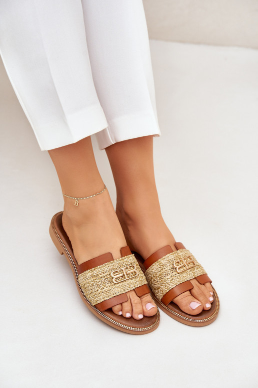 Chinelos de couro Com decorações Detalem I Plecionką Zazoo 40426 cor marrom Chinelos de couro Com decorações Detalem I Plecionką Zazoo 40426 cor marrom