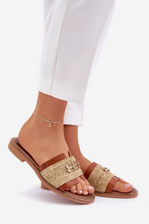 Chinelos de couro Com decorações Detalem I Plecionką Zazoo 40426 cor marrom Chinelos de couro Com decorações Detalem I Plecionką Zazoo 40426 cor marrom