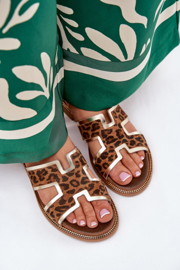 Chinelos de couro com estampas de pele de leopardo Zazoo 40383 cor marrom