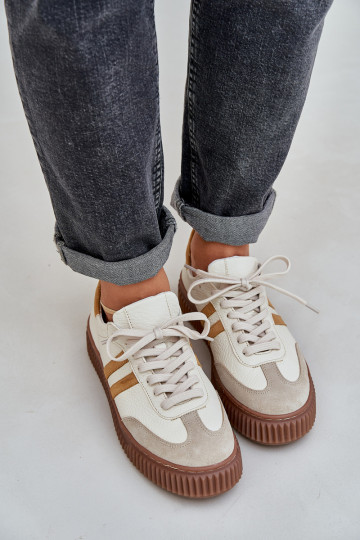 Tênis femininos de modelo esportivo de couro baixos com plataforma Zazoo N1068S6 cor areia