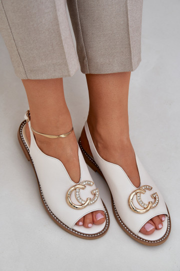 Sandálias femininas com salto largo com enfeites Laura Messi 2865 cor de marfim