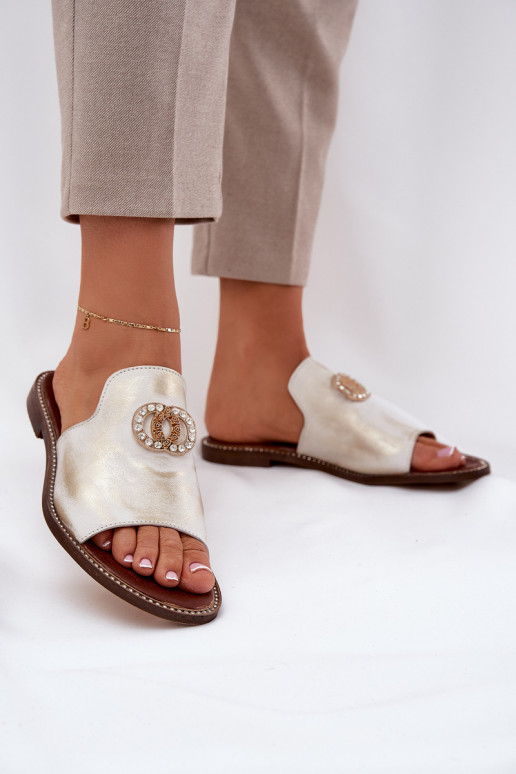 Estilo elegante Chinelos de couro Feminino com enfeites Zazoo 3008 cor dourada Przecierany Estilo elegante Chinelos de couro Feminino com enfeites Zazoo 3008 cor dourada Przecierany