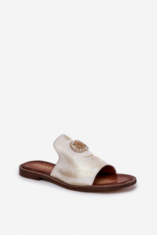 Estilo elegante Chinelos de couro Feminino com enfeites Zazoo 3008 cor dourada Przecierany Estilo elegante Chinelos de couro Feminino com enfeites Zazoo 3008 cor dourada Przecierany