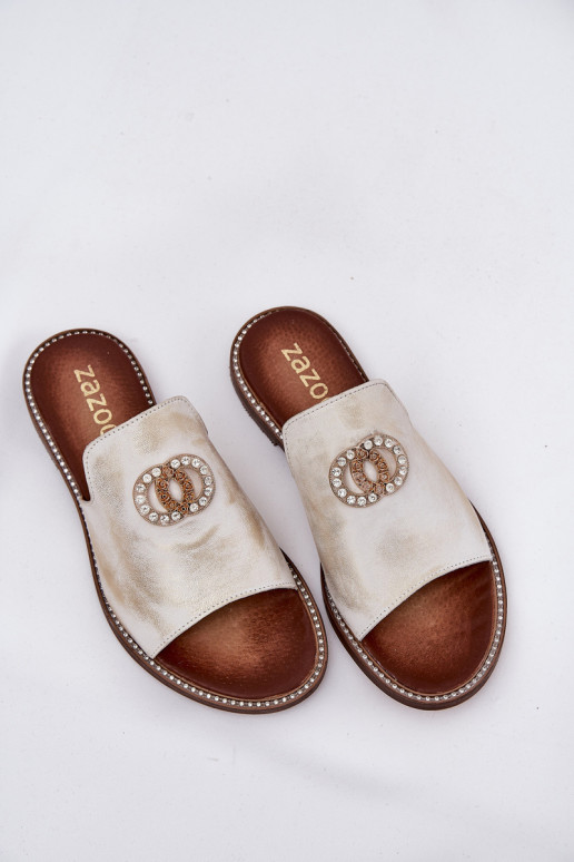 Estilo elegante Chinelos de couro Feminino com enfeites Zazoo 3008 cor dourada Przecierany Estilo elegante Chinelos de couro Feminino com enfeites Zazoo 3008 cor dourada Przecierany