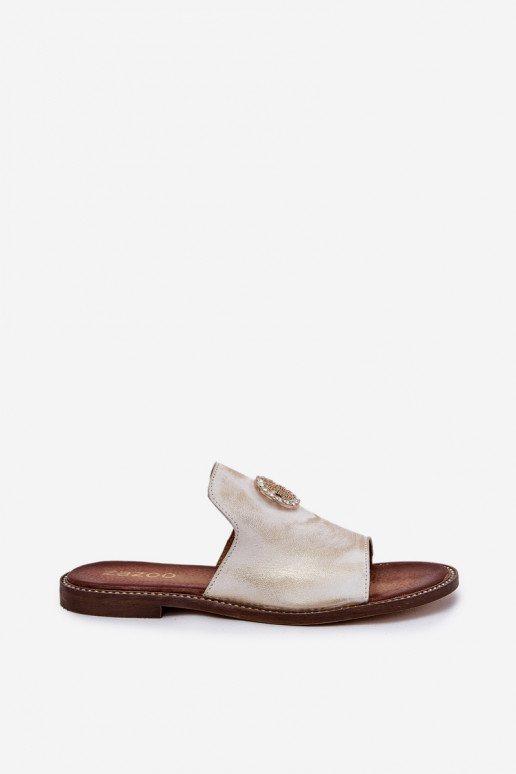 Estilo elegante Chinelos de couro Feminino com enfeites Zazoo 3008 cor dourada Przecierany Estilo elegante Chinelos de couro Feminino com enfeites Zazoo 3008 cor dourada Przecierany