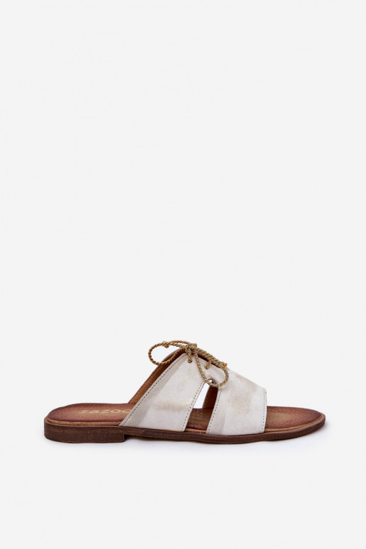 Chinelos de couro Feminino com salto largo Zazoo 3022 cor dourada Przecierany Chinelos de couro Feminino com salto largo Zazoo 3022 cor dourada Przecierany