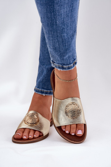 Zazoo 2938 Chinelos de couro com salto largo com enfeites cor dourada