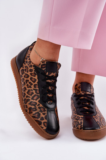 Ténis femininos de couro com padrão de pele de leopardo Laura Messi 2935 marrons