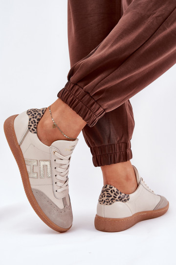 Ténis femininos de couro "Sneakers" com padrão de pele de leopardo CheBello 4640 areia