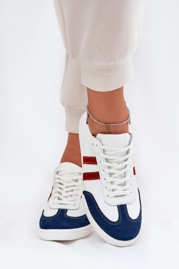 Ténis de couro femininos de cano baixo Zazoo N1068 brancos e azul marinho 2