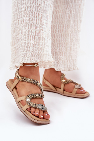 Sandalias femininas de salto alto com detalhes brilhantes Artiker 56C1374 na cor areia