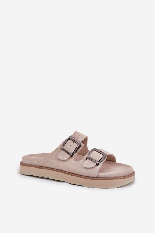 Chinelos femininos de camurça com fivelas D.Franklin DFSH405001 bege Chinelos femininos de camurça com fivelas D.Franklin DFSH405001 bege