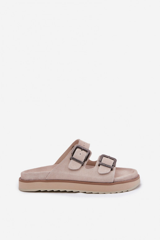 Chinelos femininos de camurça com fivelas D.Franklin DFSH405001 bege Chinelos femininos de camurça com fivelas D.Franklin DFSH405001 bege