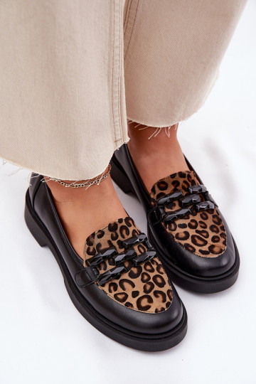 Mocassins de couro pretos com estampas de pantera Laura Messi 2965