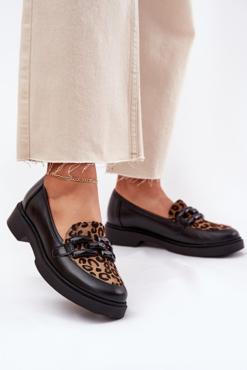 Mocassins de couro pretos com estampas de pantera Laura Messi 2965 2