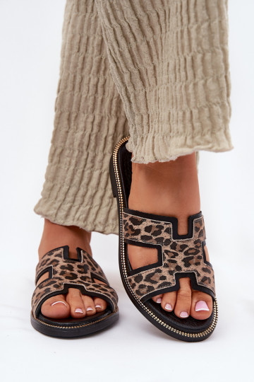 Chinelos de couro pretos com estampa de leopardo Zazoo 40383 2