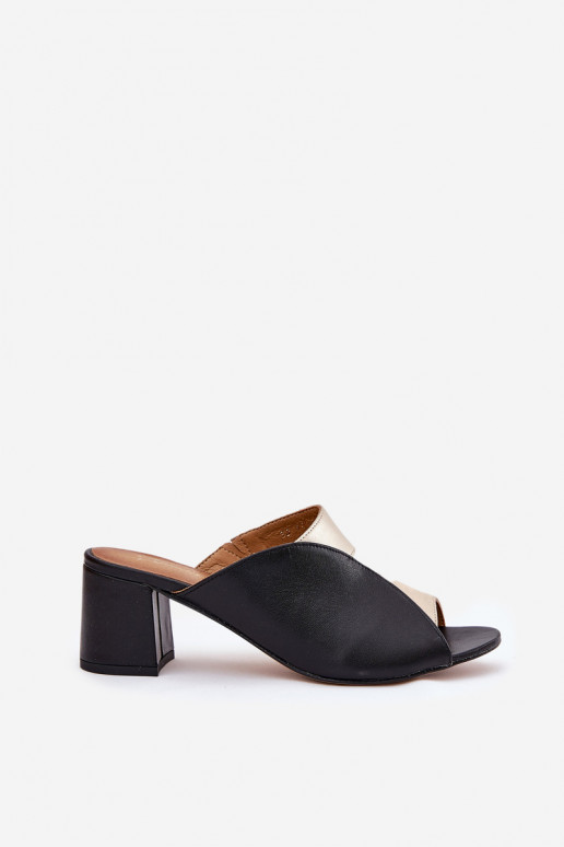 Chinelos de couro Feminino com salto Tem que serciejka 06943-25 Preto e-cor dourada Chinelos de couro Feminino com salto Tem que serciejka 06943-25 Preto e-cor dourada