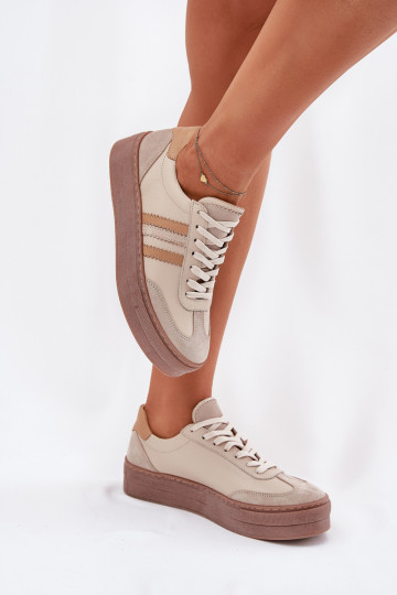 Tênis femininos de couro com plataforma Zazoo N1234 na cor areia