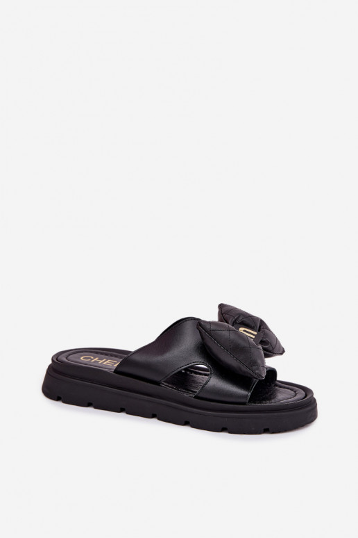 Chinelos de couro Feminino com uma plataforma com fitas CheBello 4647 cor preta Chinelos de couro Feminino com uma plataforma com fitas CheBello 4647 cor preta