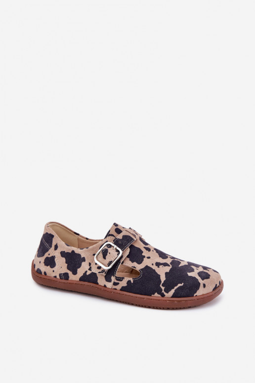 de camurça sapato Barefoot Feminino com fivelas Łaty Zazoo N1261 marrom-bege