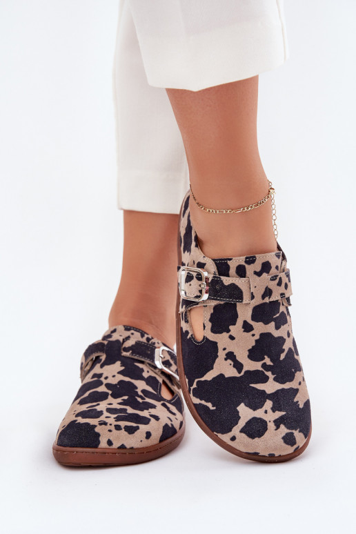 de camurça sapato Barefoot Feminino com fivelas Łaty Zazoo N1261 marrom-bege