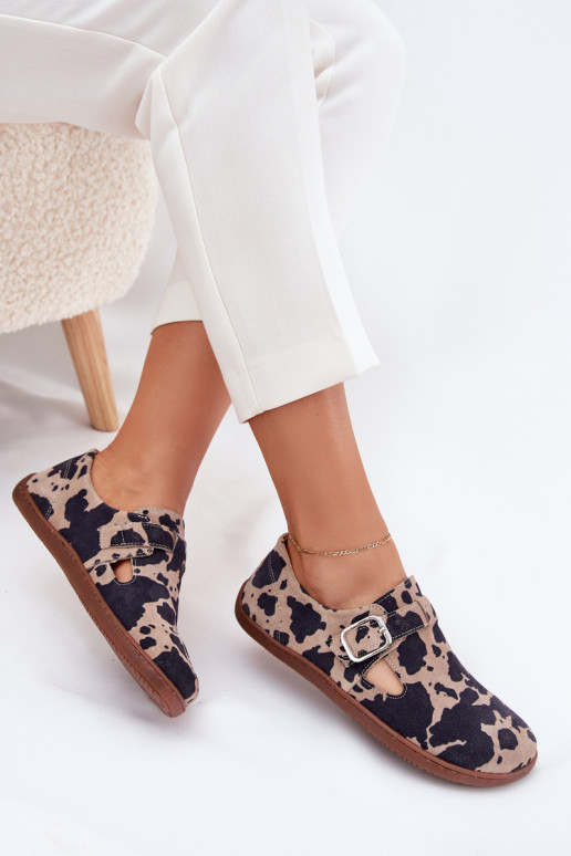 de camurça sapato Barefoot Feminino com fivelas Łaty Zazoo N1261 marrom-bege