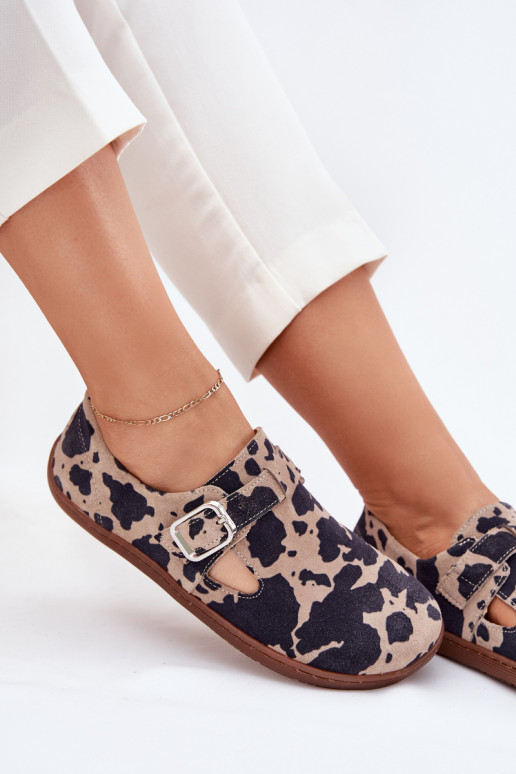 de camurça sapato Barefoot Feminino com fivelas Łaty Zazoo N1261 marrom-bege