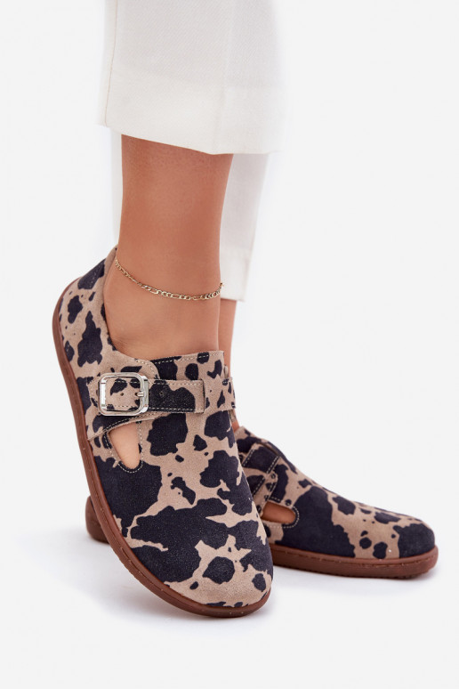 de camurça sapato Barefoot Feminino com fivelas Łaty Zazoo N1261 marrom-bege