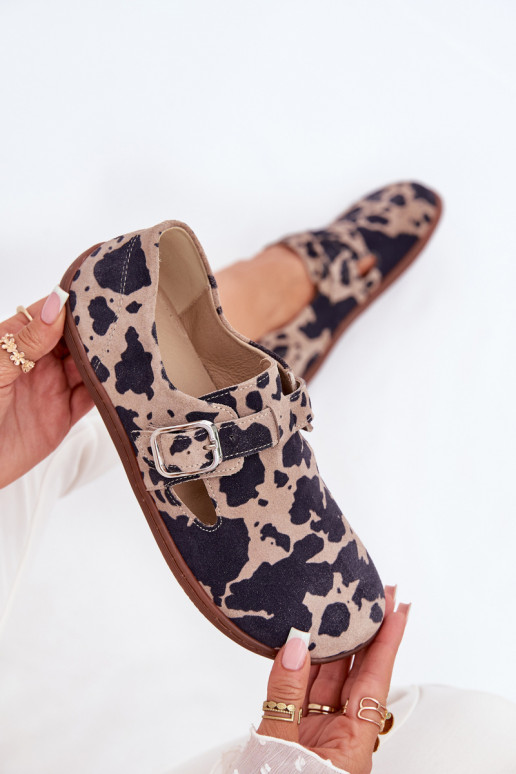 de camurça sapato Barefoot Feminino com fivelas Łaty Zazoo N1261 marrom-bege