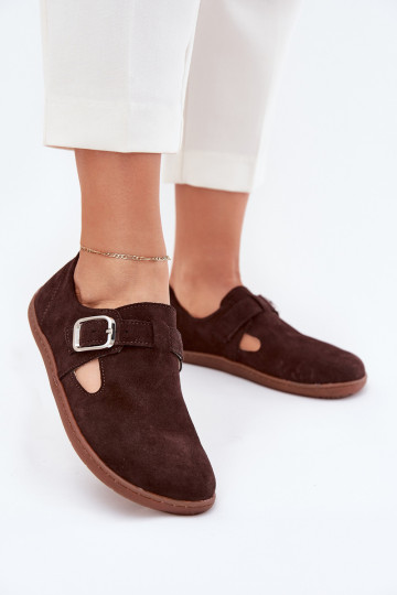 Sapatos femininos de camurça na cor marrom chocolate Barefoot com fivelas Łaty Zazoo N1261
