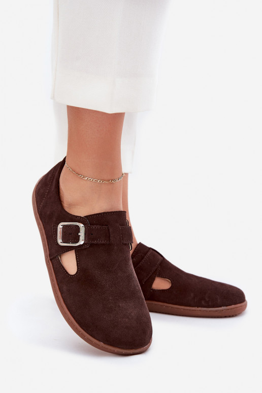 de camurça sapato Barefoot Feminino com fivelas Łaty Zazoo N1261 CzekoladoParae