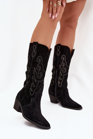Botas de camurça femininos de cano longo estilo cowboy com saltos, pretos, Karira