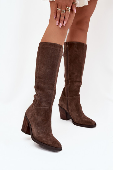 Botas de camurça femininos de cano longo com saltos e fecho, marrons, Lissara