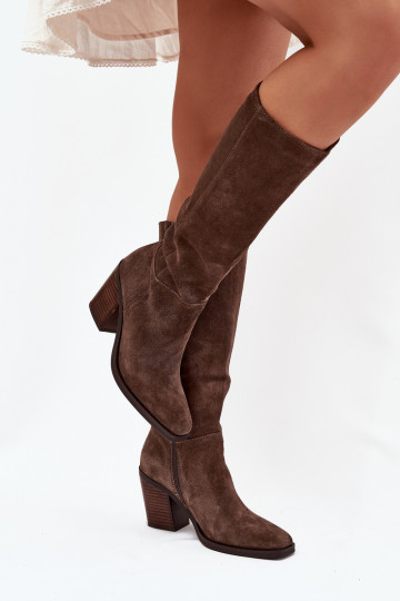 Botas de camurça femininos de cano longo com saltos e fecho, marrons, Lissara 2