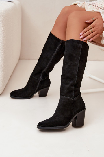 Botas de camurça femininos de cano longo com saltos e fecho, pretos, Lissara
