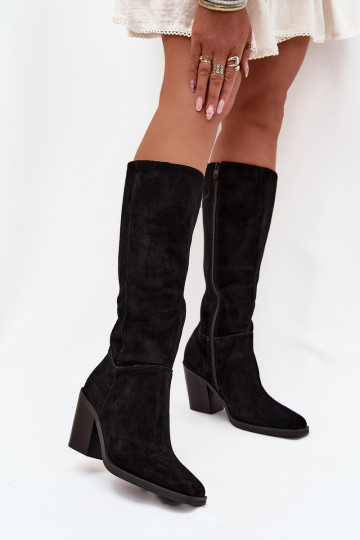 Botas de camurça femininos de cano longo com saltos e fecho, pretos, Lissara 2