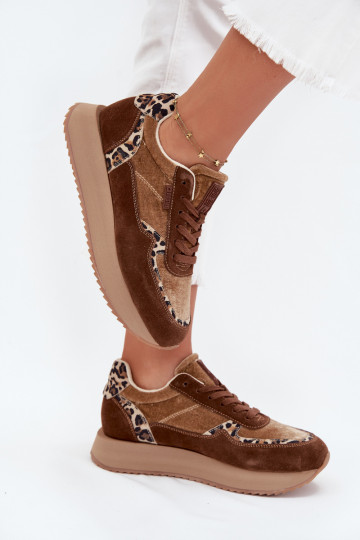 Ténis de camurça femininos Big Star OO274A313 HI-POLY SYSTEM, marrons com estampa de pele de leopardo