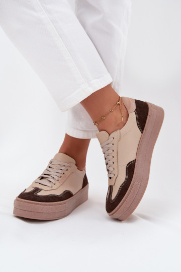 Ténis femininos em couro com plataforma Zazoo N1269S2 cor areia