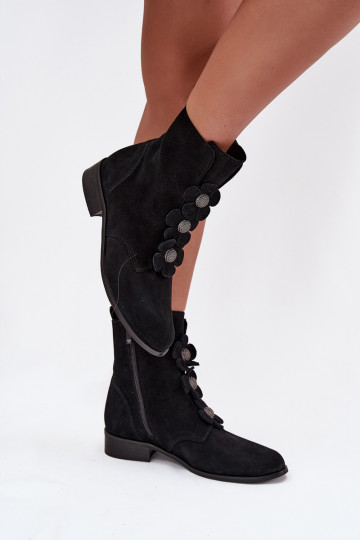 Botas femininas em camurça com motivos florais Zazoo 3085 pretas