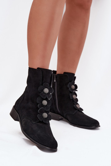 Botas femininas em camurça com motivos florais Zazoo 3085 pretas 2