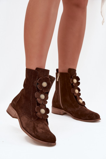 Botas femininas de camurça com detalhes florais Zazoo 3085 marrom