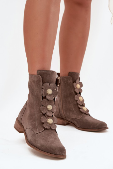 Botas femininas de camurça com detalhes florais Zazoo 3085 areia 2