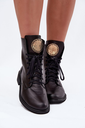 Botins de couro femininos com saltos largos e detalhes dourados Zazoo 3084 preto
