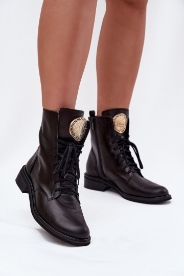 Botins de couro femininos com saltos largos e detalhes dourados Zazoo 3084 preto 2