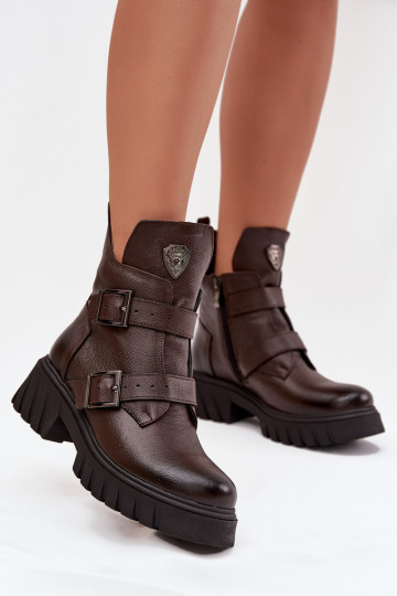 Botins de couro femininos quentes com fivelas e detalhes decorativos Zazoo 60482 chocolate 2