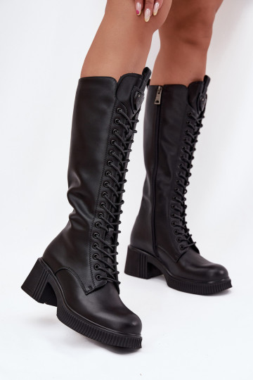 Botas de couro femininas de cano alto com cadarços e saltos, quentes Vinceza 66804 preto
