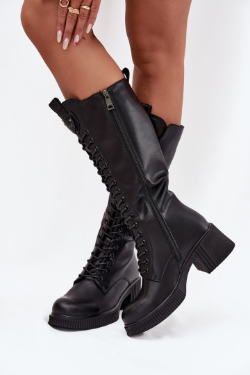 Botas de couro femininas de cano alto com cadarços e saltos, quentes Vinceza 66804 preto 2