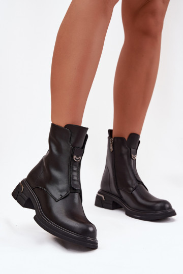 Botins femininos de couro natural com salto baixo preto Karisse 2